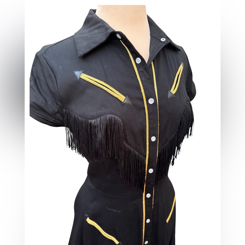 Unique Vintage Black Western Dress with gold trim and fringe - Picture 2 of 4